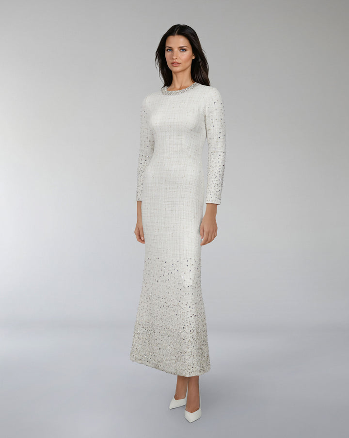 Long-Sleeve Beaded Column Dress - CELESTE