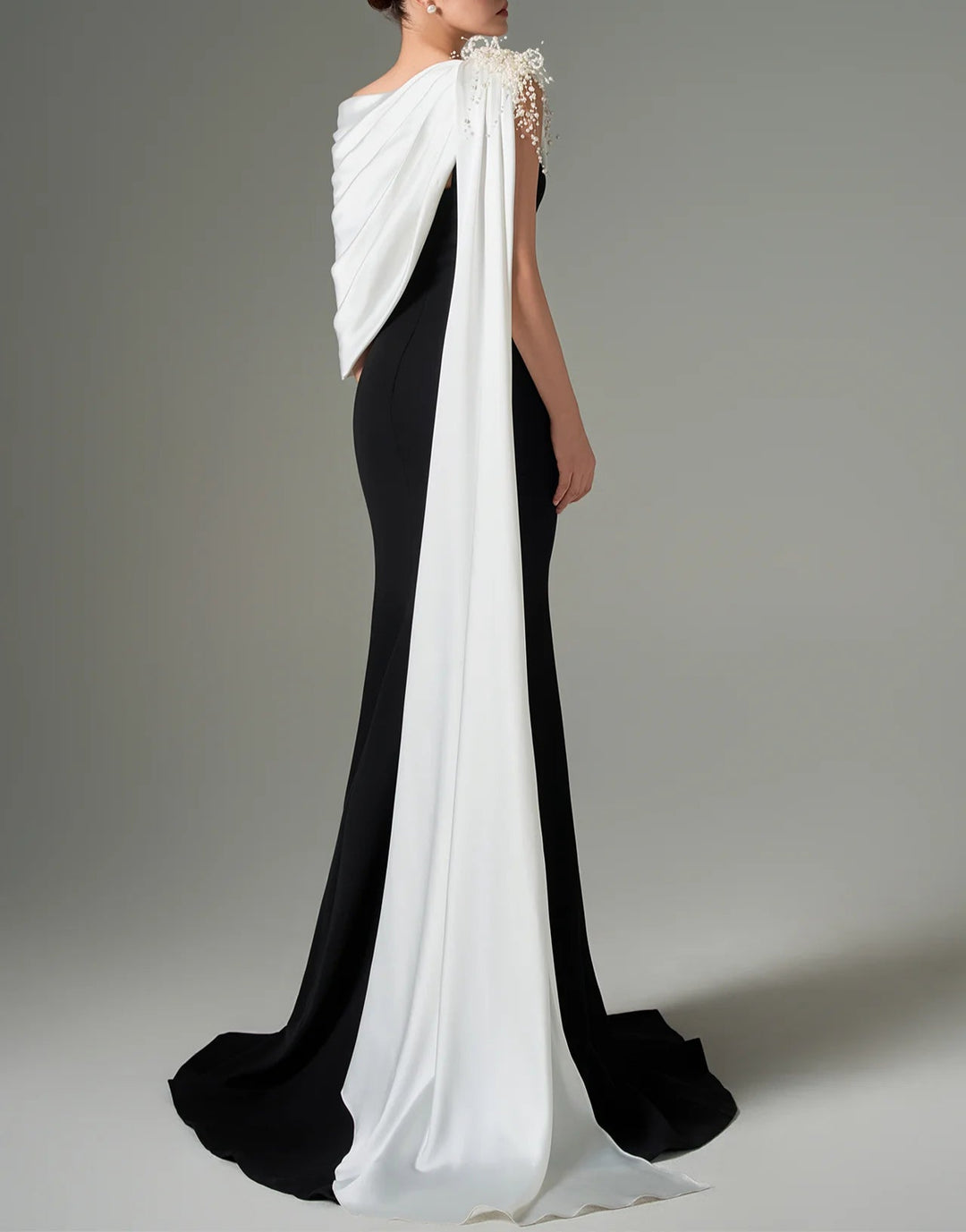 One-shoulder black gown with draped white cape – ZELEXE