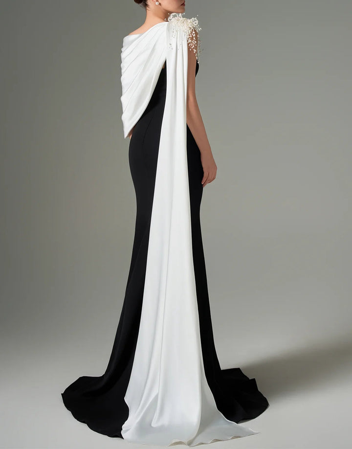 One-shoulder black gown with draped white cape – ZELEXE