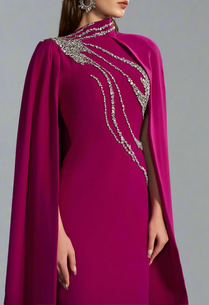 High-neck column dress with embellished maxi cape – Fugara-1