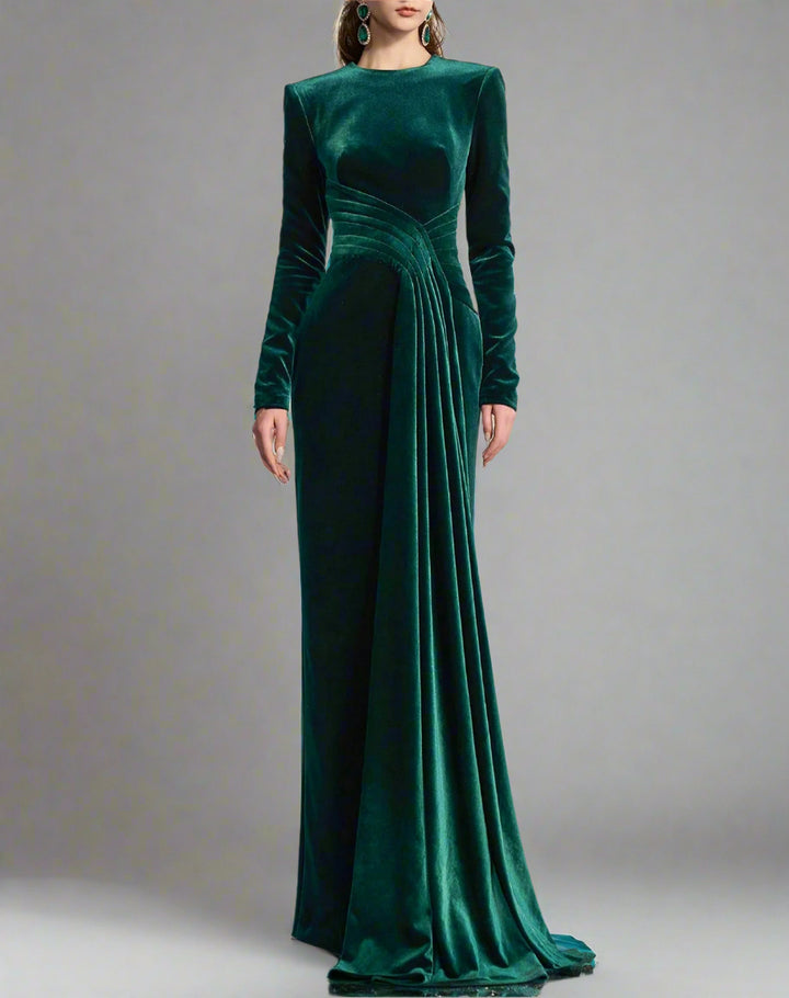 Long-sleeve velvet gown with draped waist – ENERALS