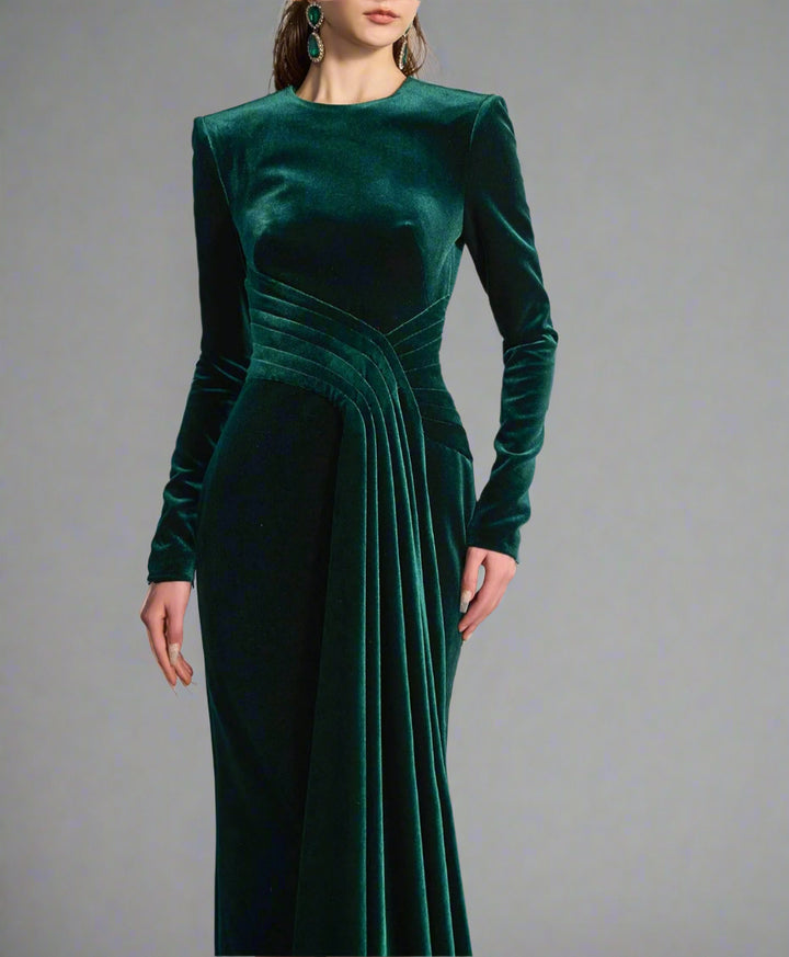 Long-sleeve velvet gown with draped waist – ENERALS