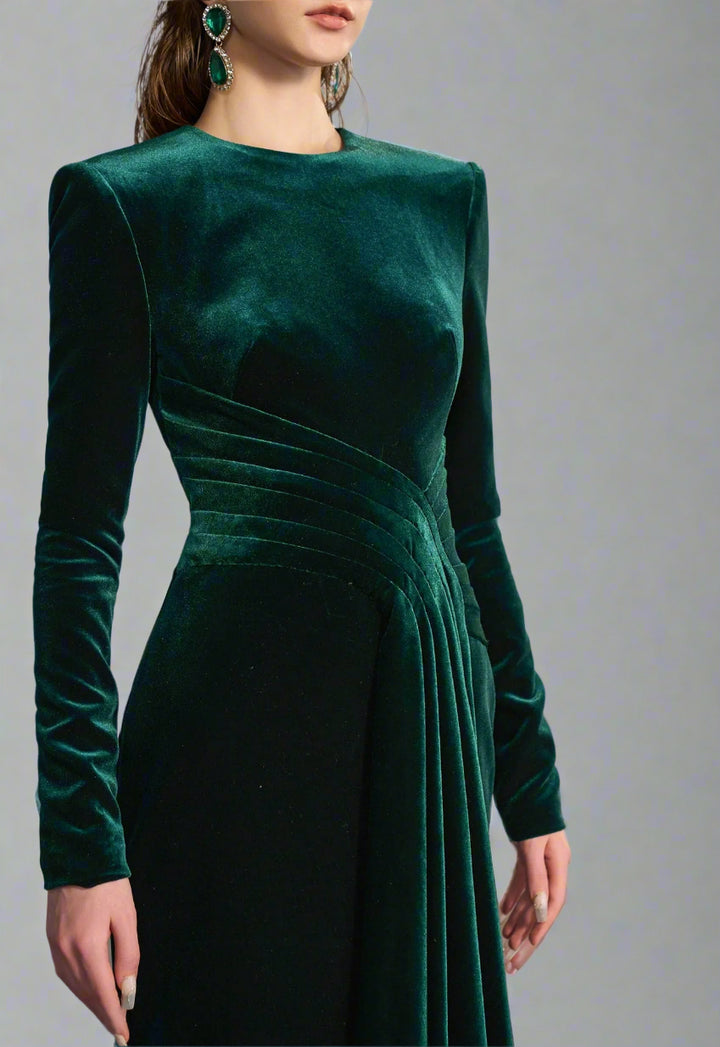 Long-sleeve velvet gown with draped waist – ENERALS