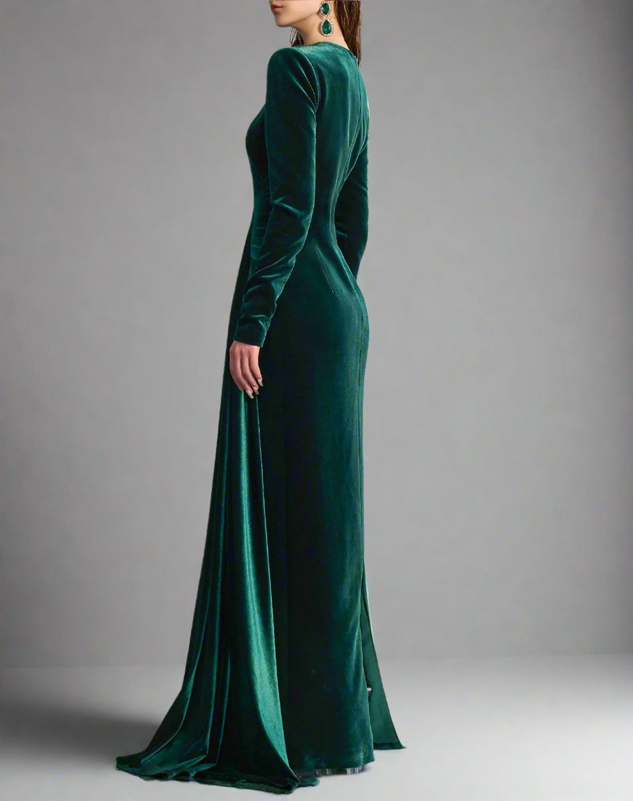 Long-sleeve velvet gown with draped waist – ENERALS
