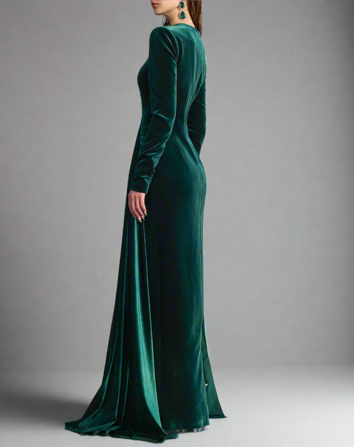 Long-sleeve velvet gown with draped waist – ENERALS