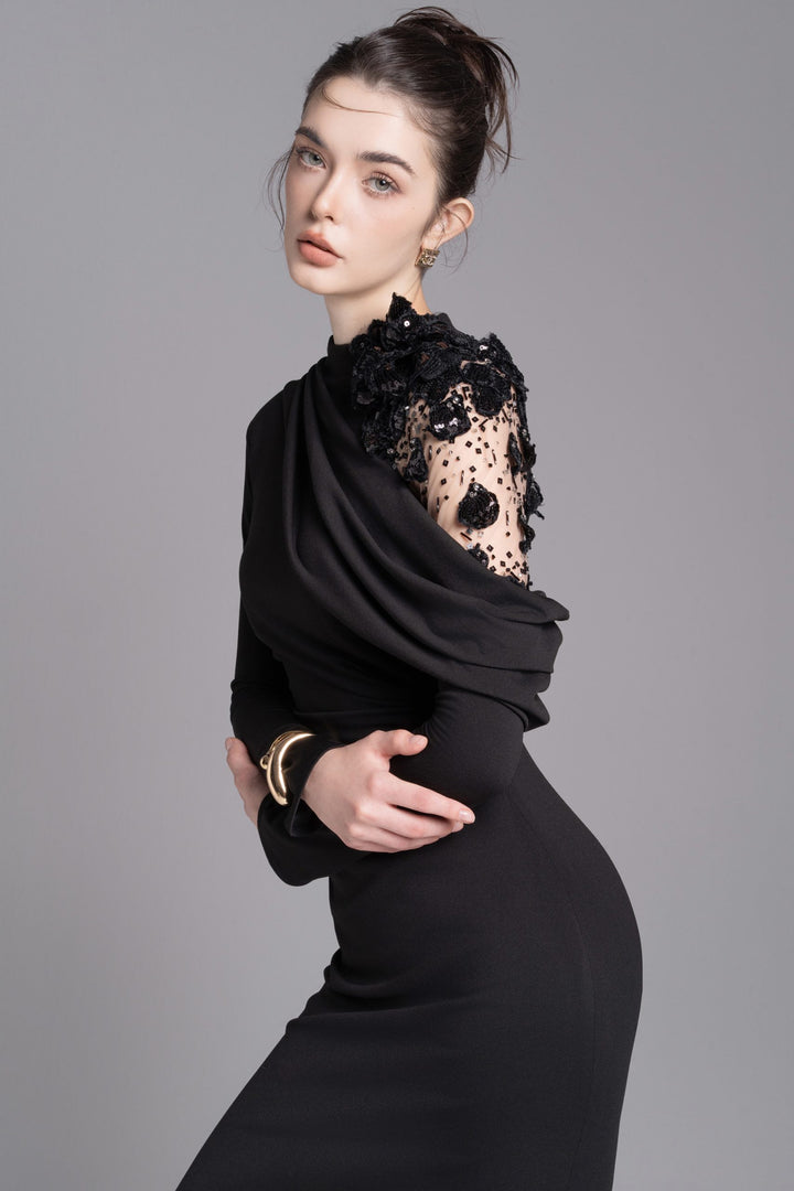 Asymmetric embellished shoulder gown – NOCTURNE