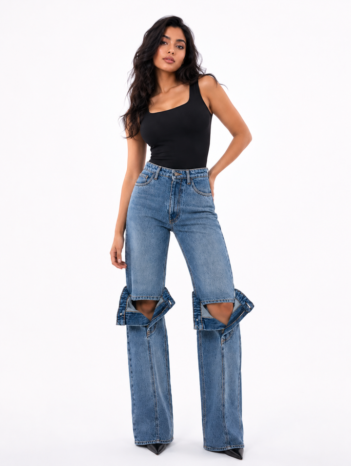 Convertible Cutout Wide Leg Denim Jeans - Edge