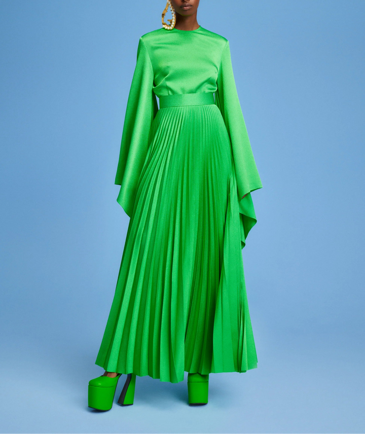 long-sleeve pleated maxi dress with flowing cape sleeves – LYRA
