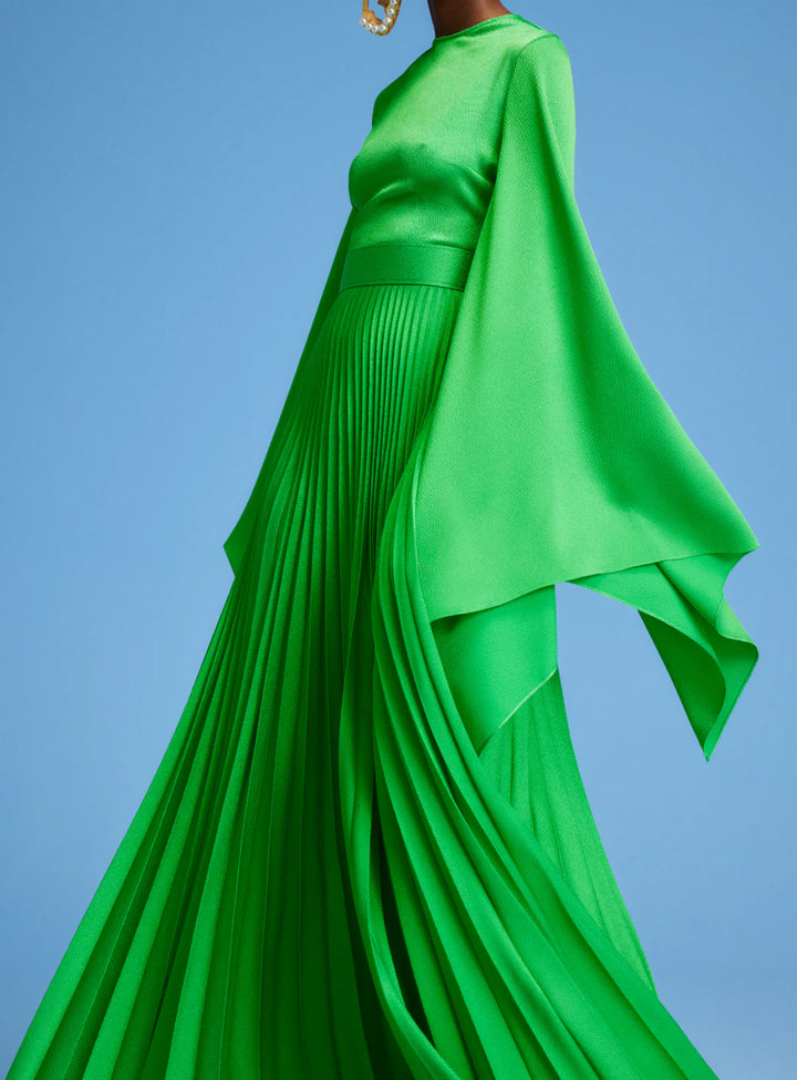 long-sleeve pleated maxi dress with flowing cape sleeves – LYRA