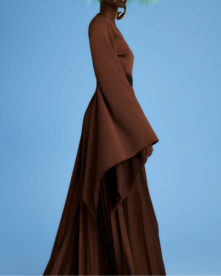 long-sleeve pleated maxi dress with flowing cape sleeves – LYRA