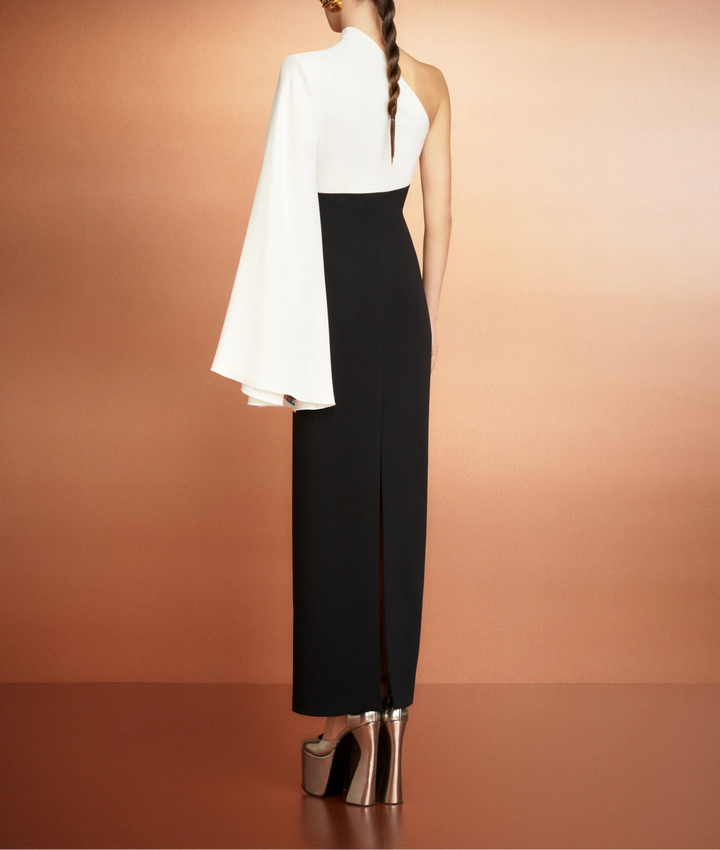 one-shoulder column dress with draped sleeve panel – ELIORA
