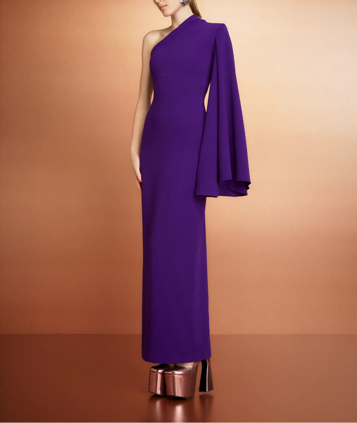 one-shoulder column dress with draped sleeve panel – ELIORA