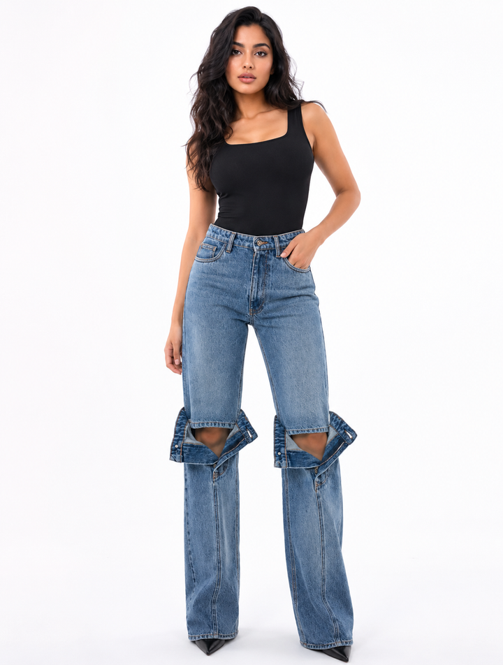 Convertible Cutout Wide Leg Denim Jeans - Edge