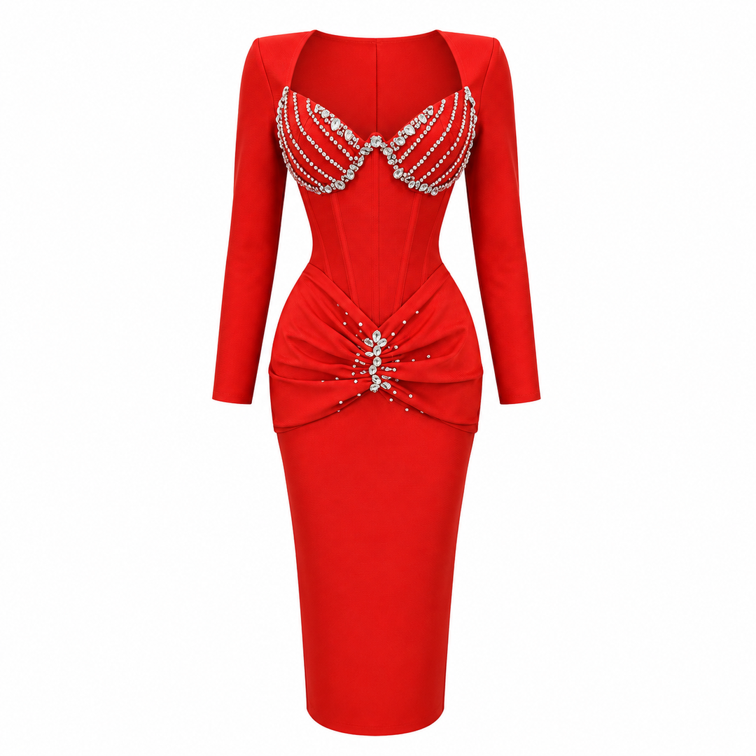Crystal Corset Ruched Midi Dress - Desire