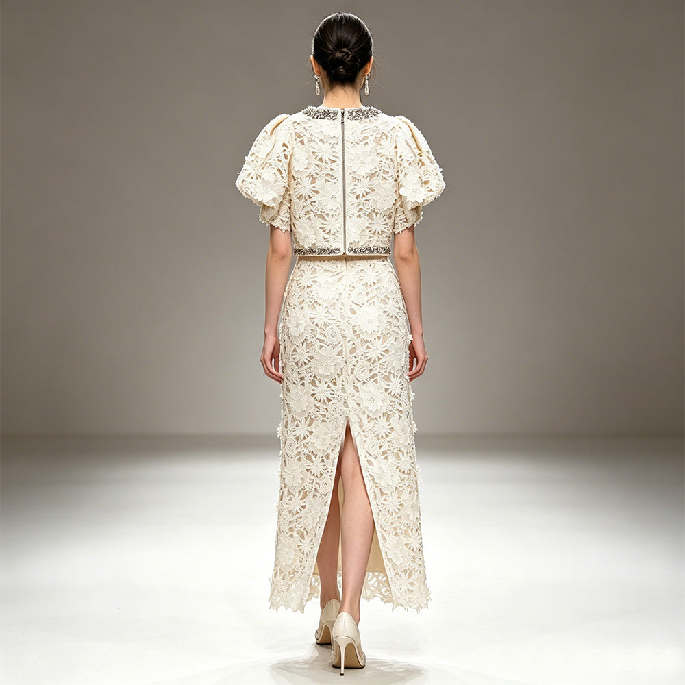 Embellished Lace Cape Sleeve Maxi Dress - Elegant