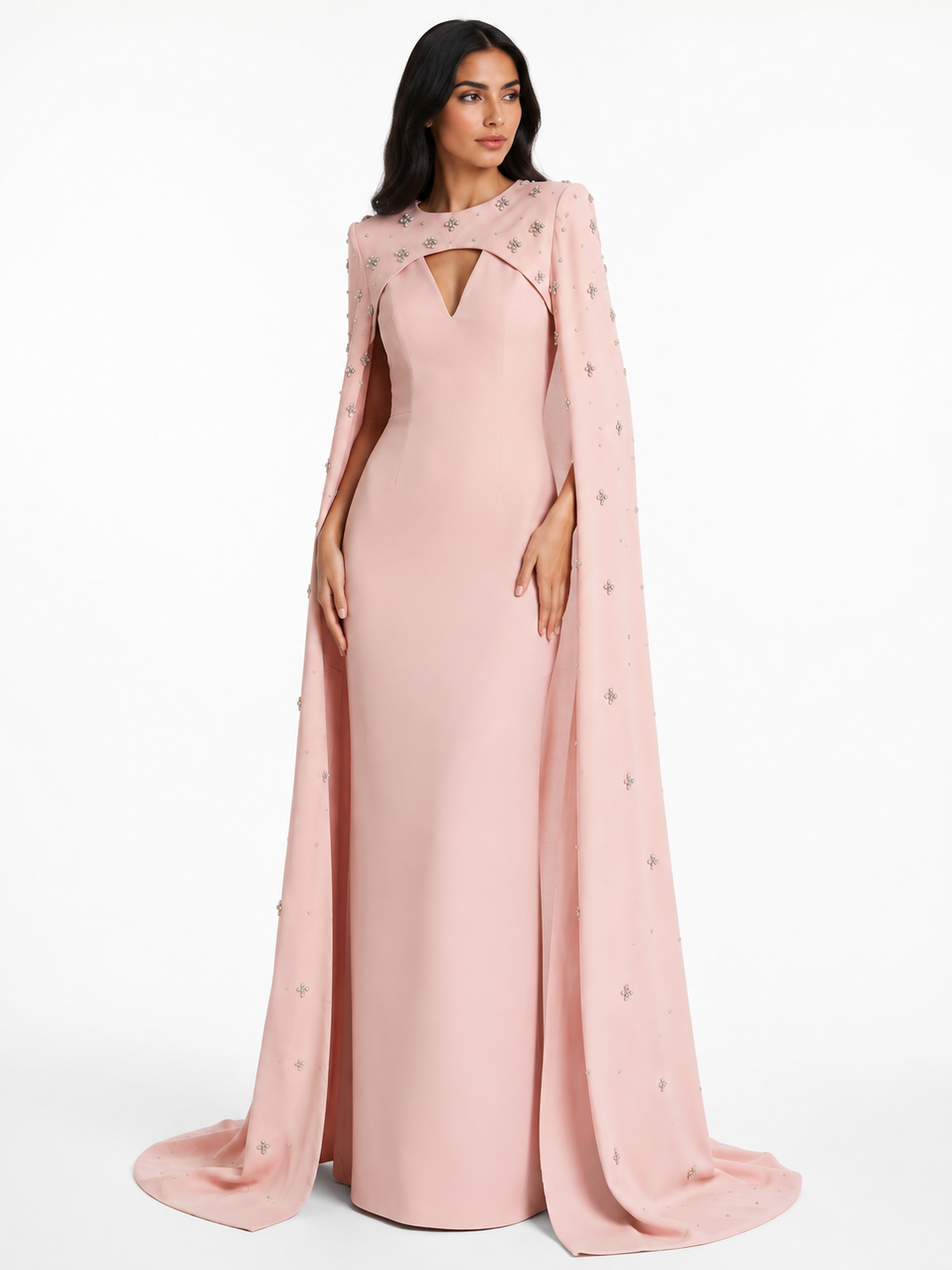 White Crystal-Embellished Cape Gown – Celeste