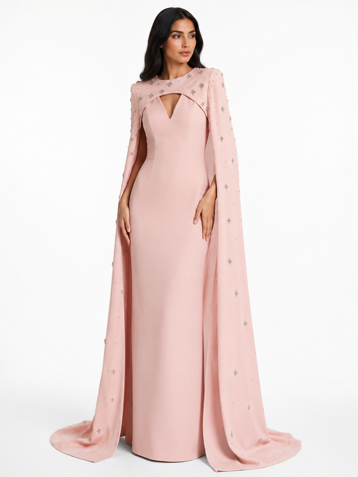 White Crystal-Embellished Cape Gown – Celeste