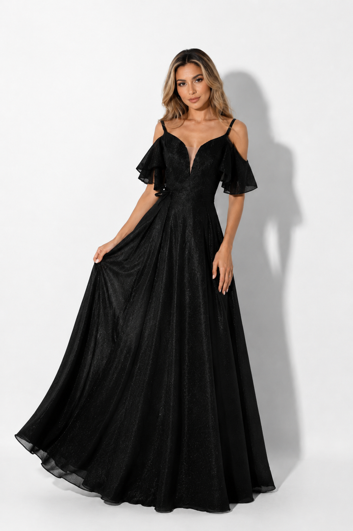Glitter Off-Shoulder A-Line Evening Gown - Eclipse