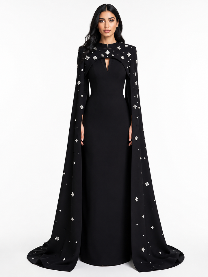 White Crystal-Embellished Cape Gown – Celeste