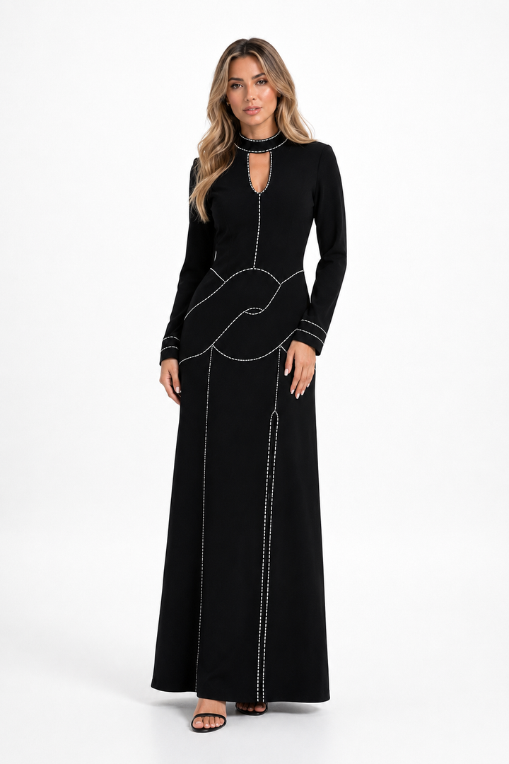 Embellished Cutout Long Sleeve Maxi Dress - Soft