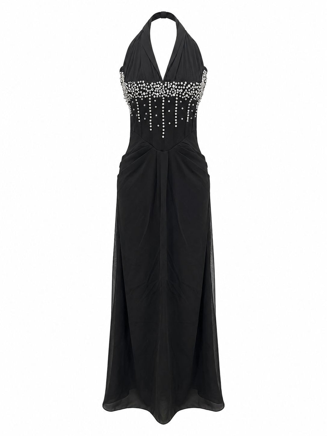 Midnight Crystal Embellished Halter Maxi Dress - Glamour