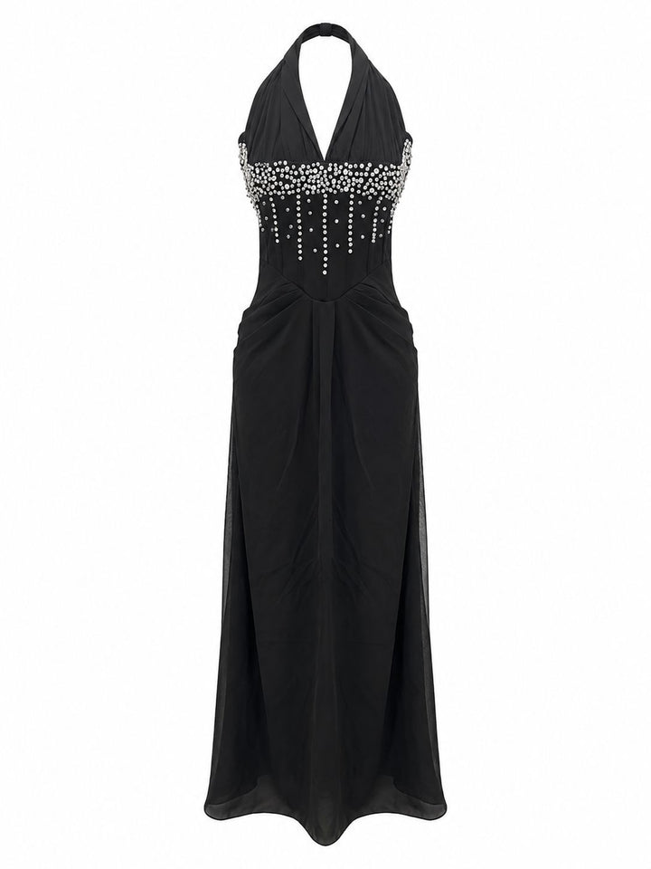 Midnight Crystal Embellished Halter Maxi Dress - Glamour
