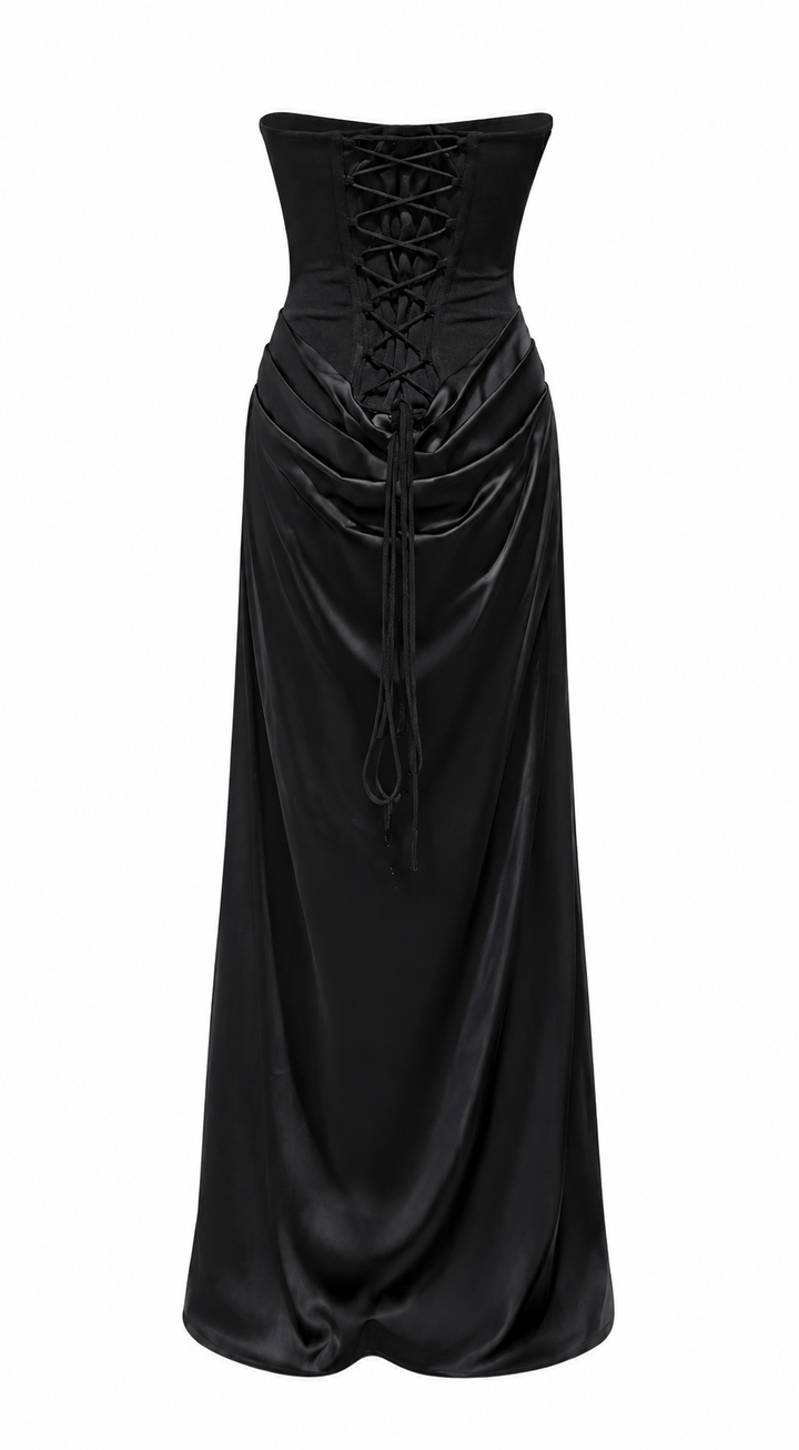 Black Corset Satin Maxi Dress – NOIRELLE