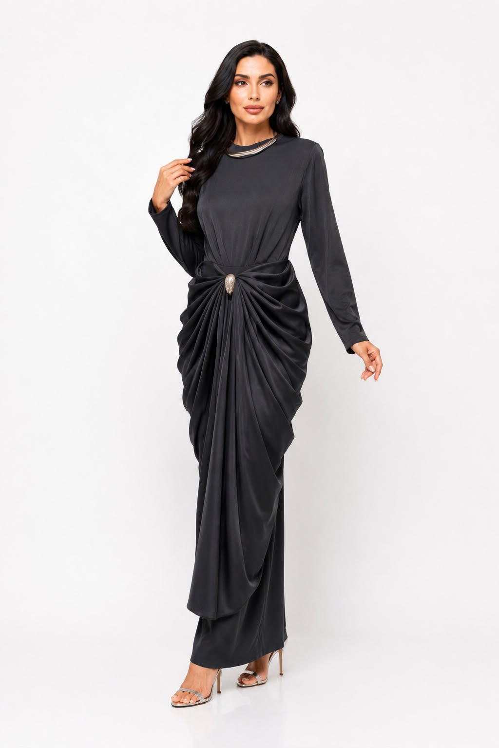 Satin Draped Long Sleeve Midi Dress - Burgundy