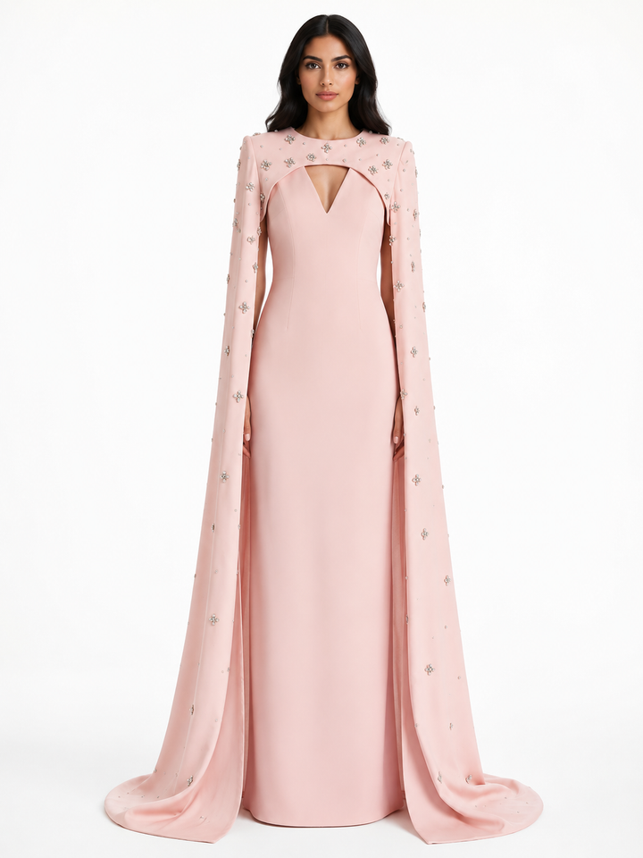White Crystal-Embellished Cape Gown – Celeste