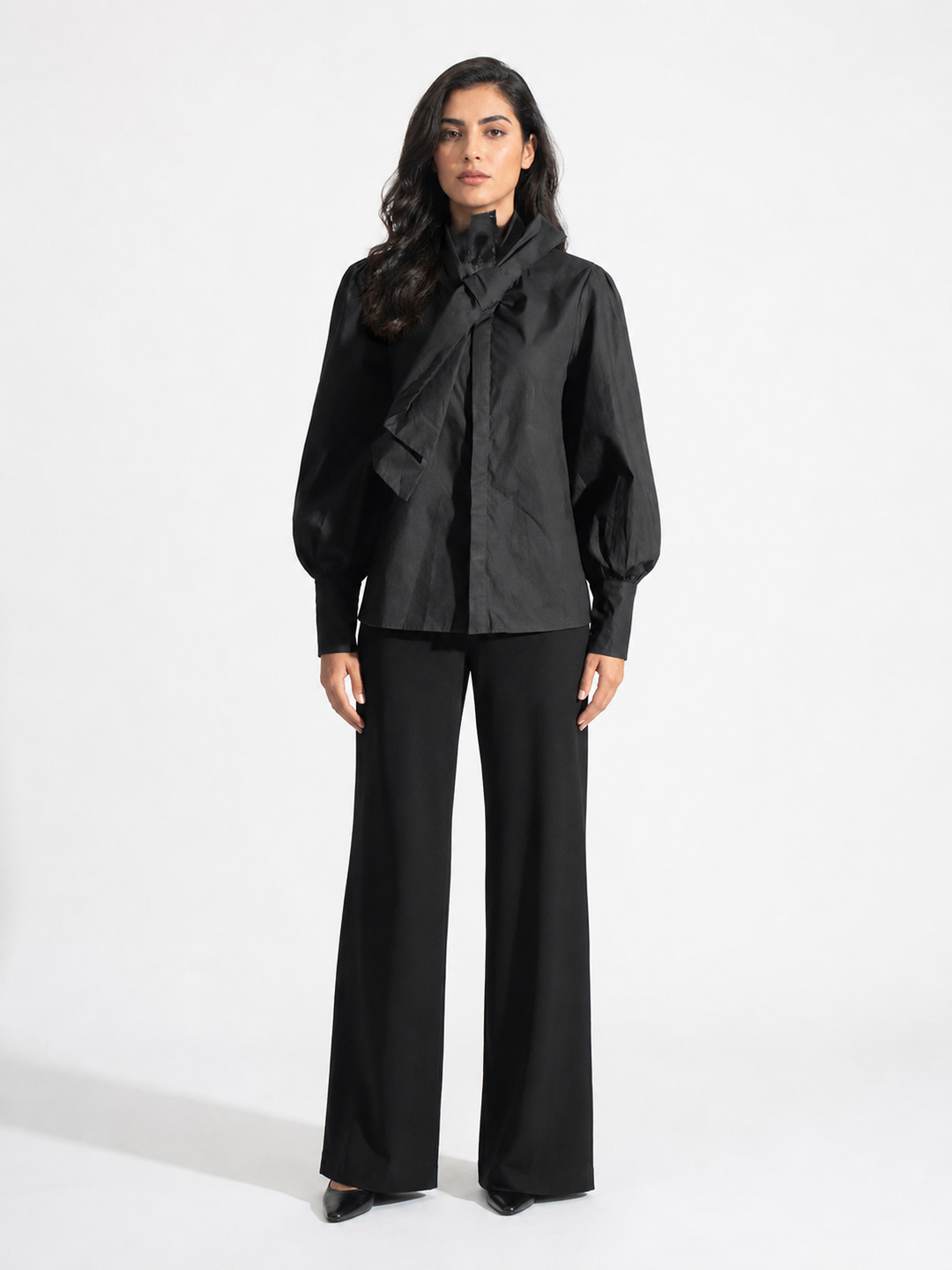 Black Bow-Neck Puff Sleeve Blouse - Noir