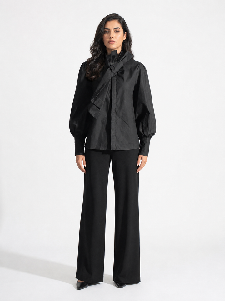 Black Bow-Neck Puff Sleeve Blouse - Noir