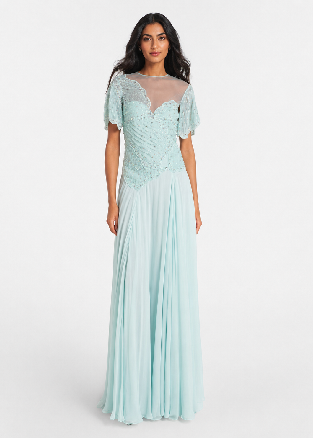 Mint Green Embellished Chiffon Evening Gown - Aurora