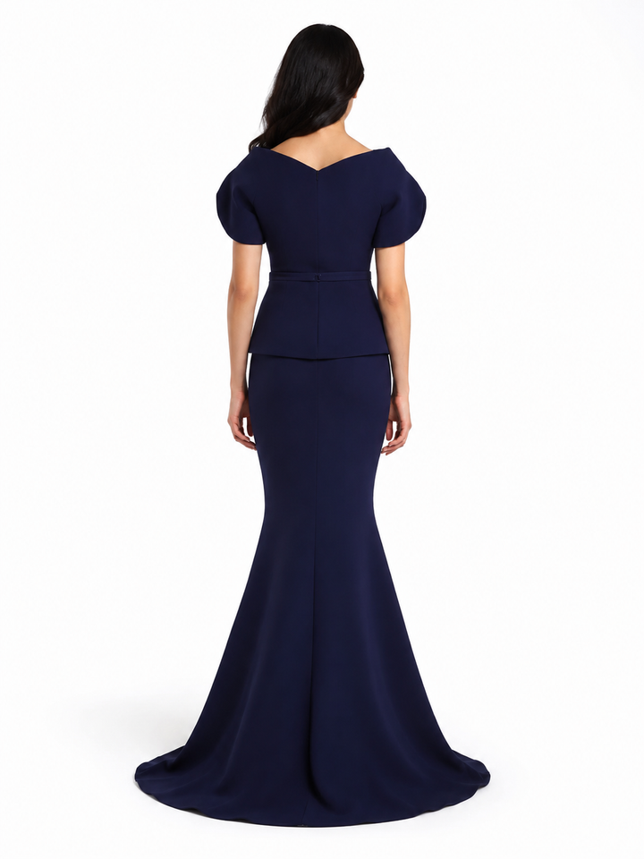 Puff-Sleeve Peplum Mermaid Gown – Midnight