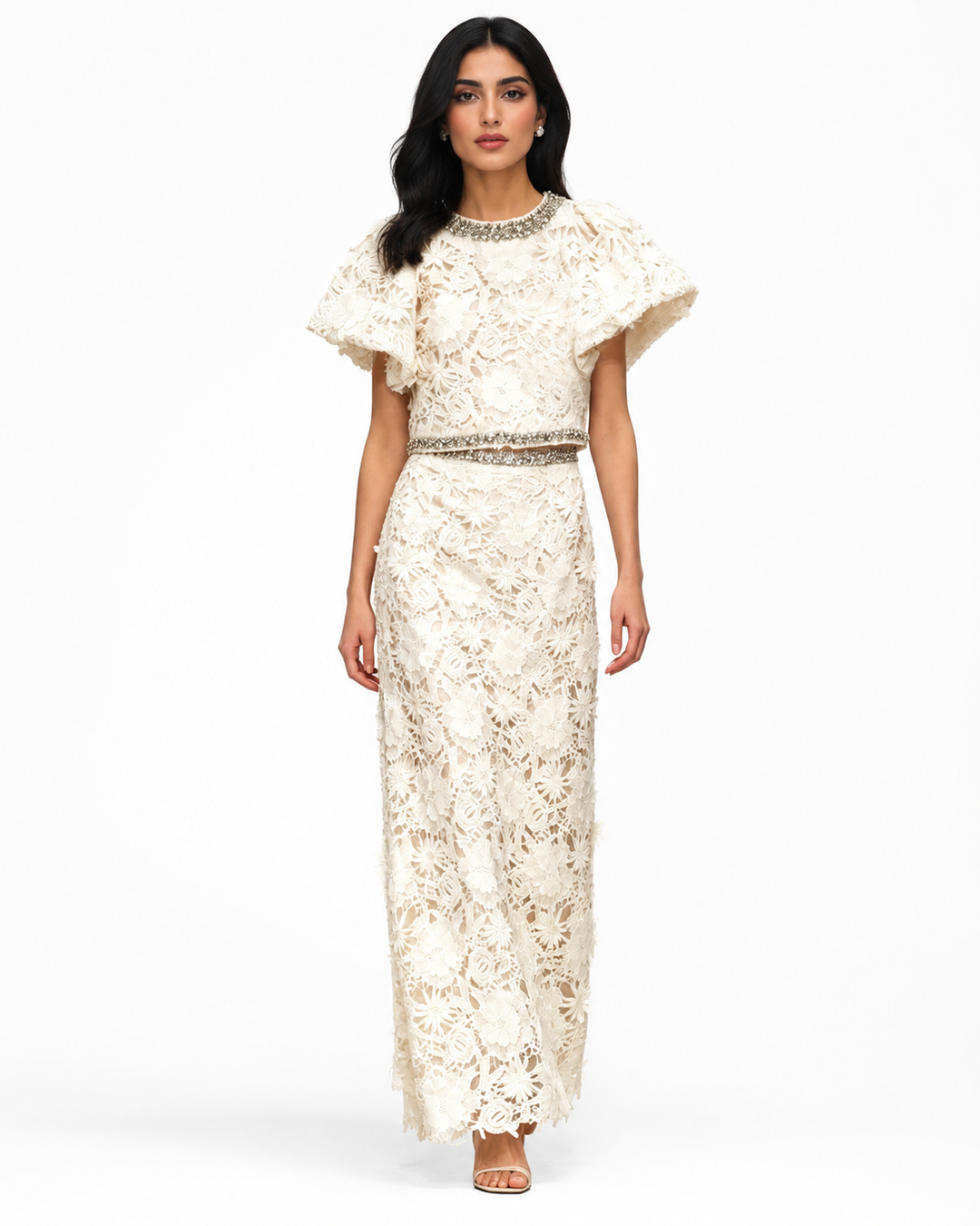 Embellished Lace Cape Sleeve Maxi Dress - Elegant