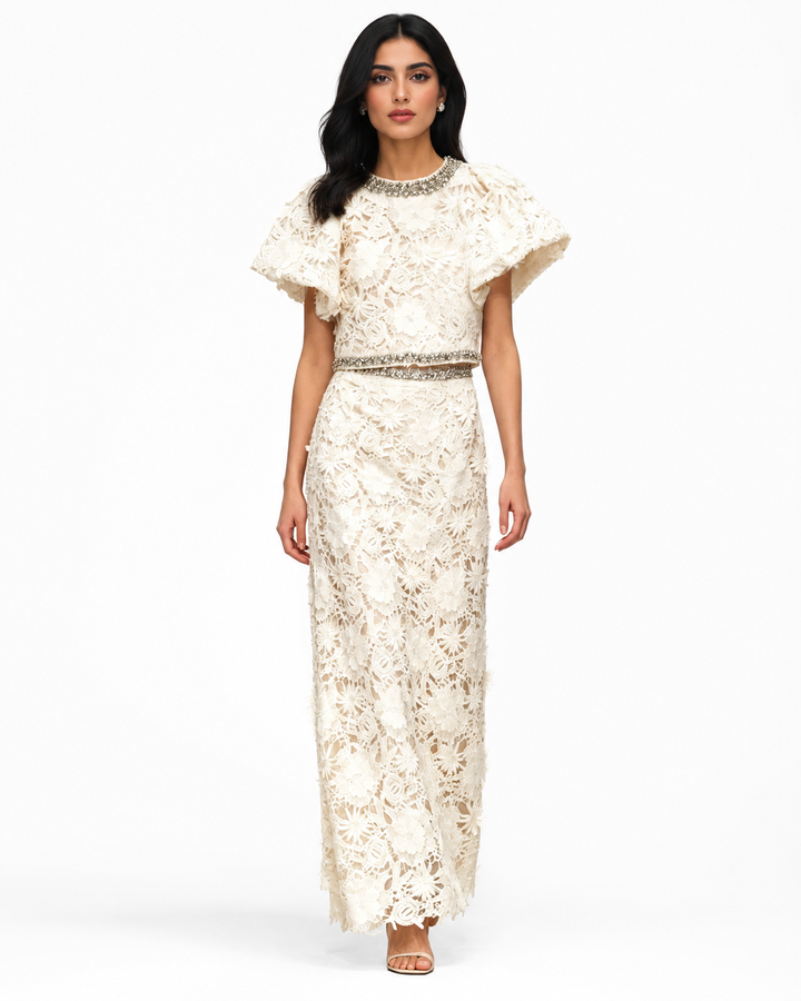 Embellished Lace Cape Sleeve Maxi Dress - Elegant