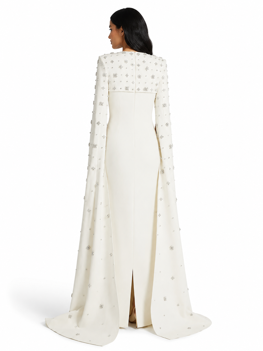 White Crystal-Embellished Cape Gown – Celeste