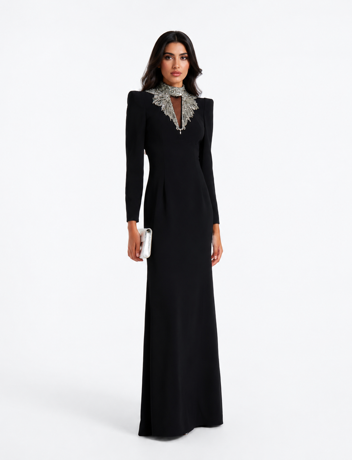 Crystal-Fringe Column Gown - Noir