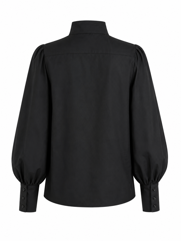 Black Bow-Neck Puff Sleeve Blouse - Noir