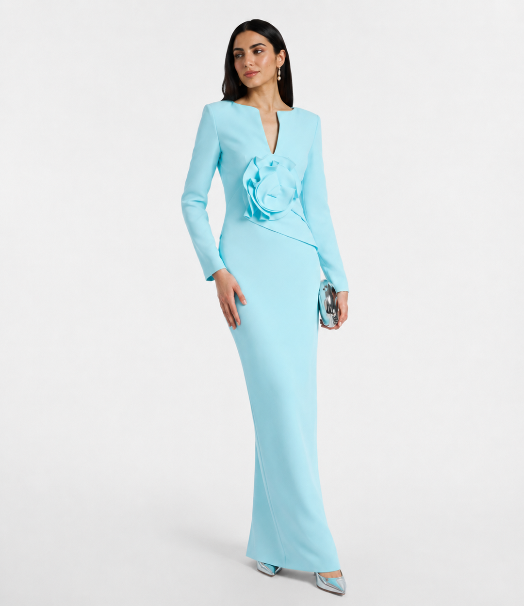 Sky Blue Floral Accent Column Gown - Celeste