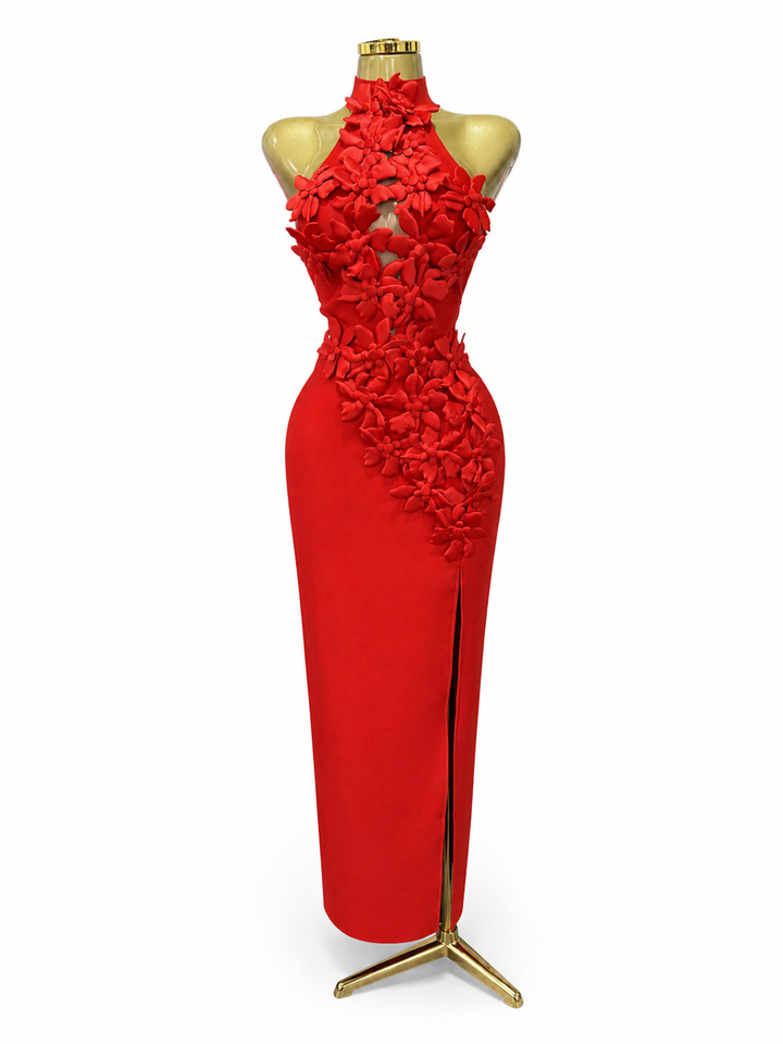 Floral Appliqué Halter Gown - Blossome