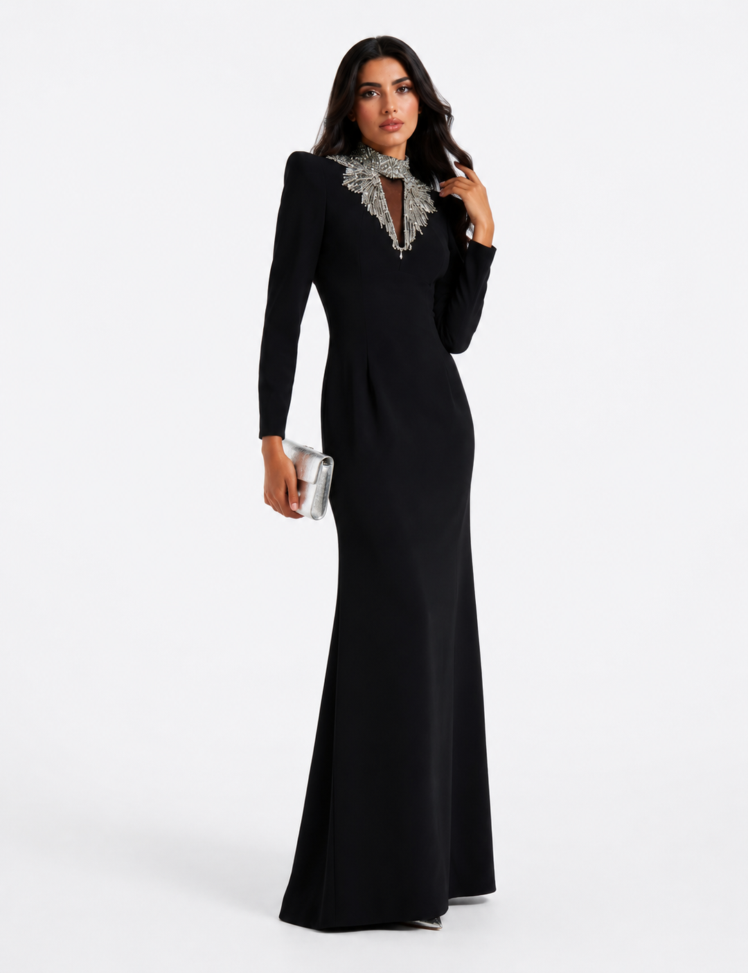 Crystal-Fringe Column Gown - Noir