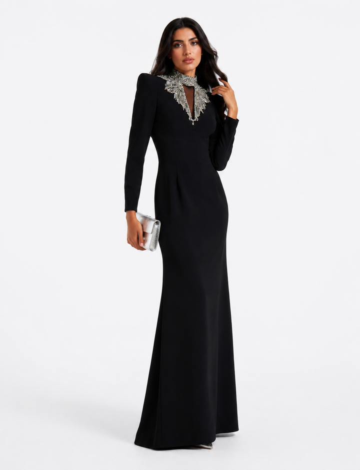 Crystal-Fringe Column Gown - Noir