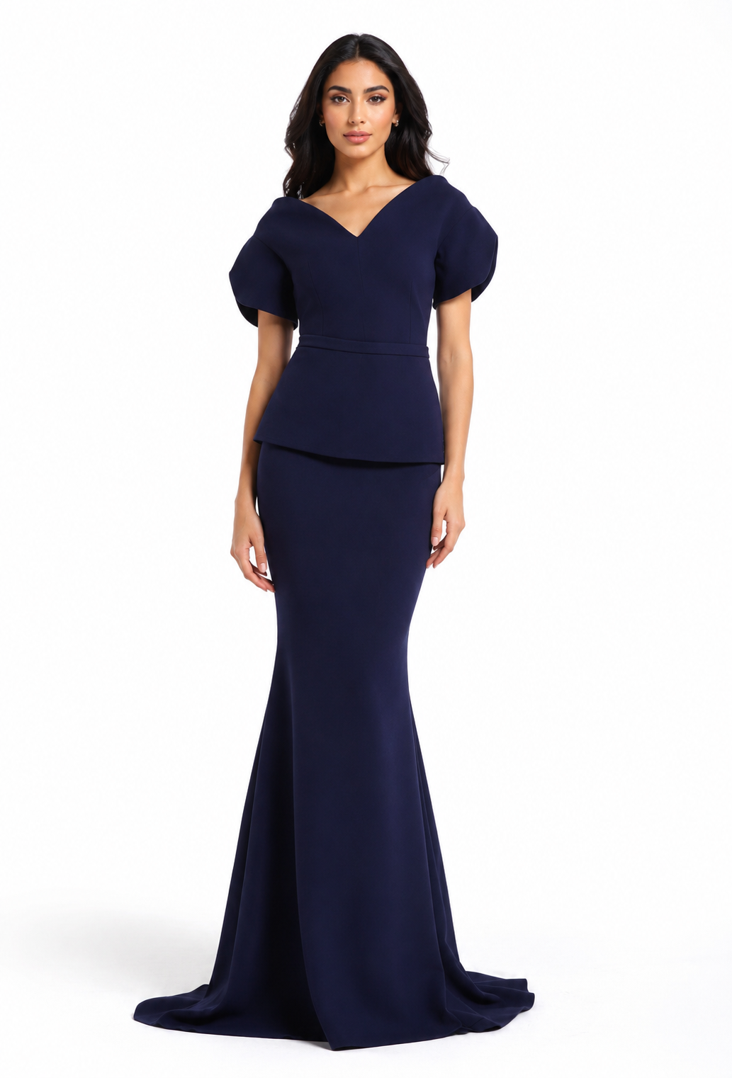 Puff-Sleeve Peplum Mermaid Gown – Midnight