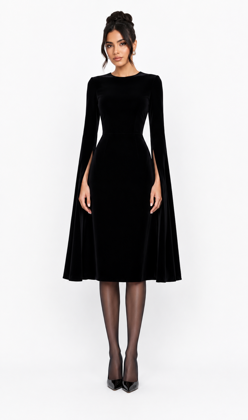 Cape-Sleeve Velvet Midi Dress – Noir