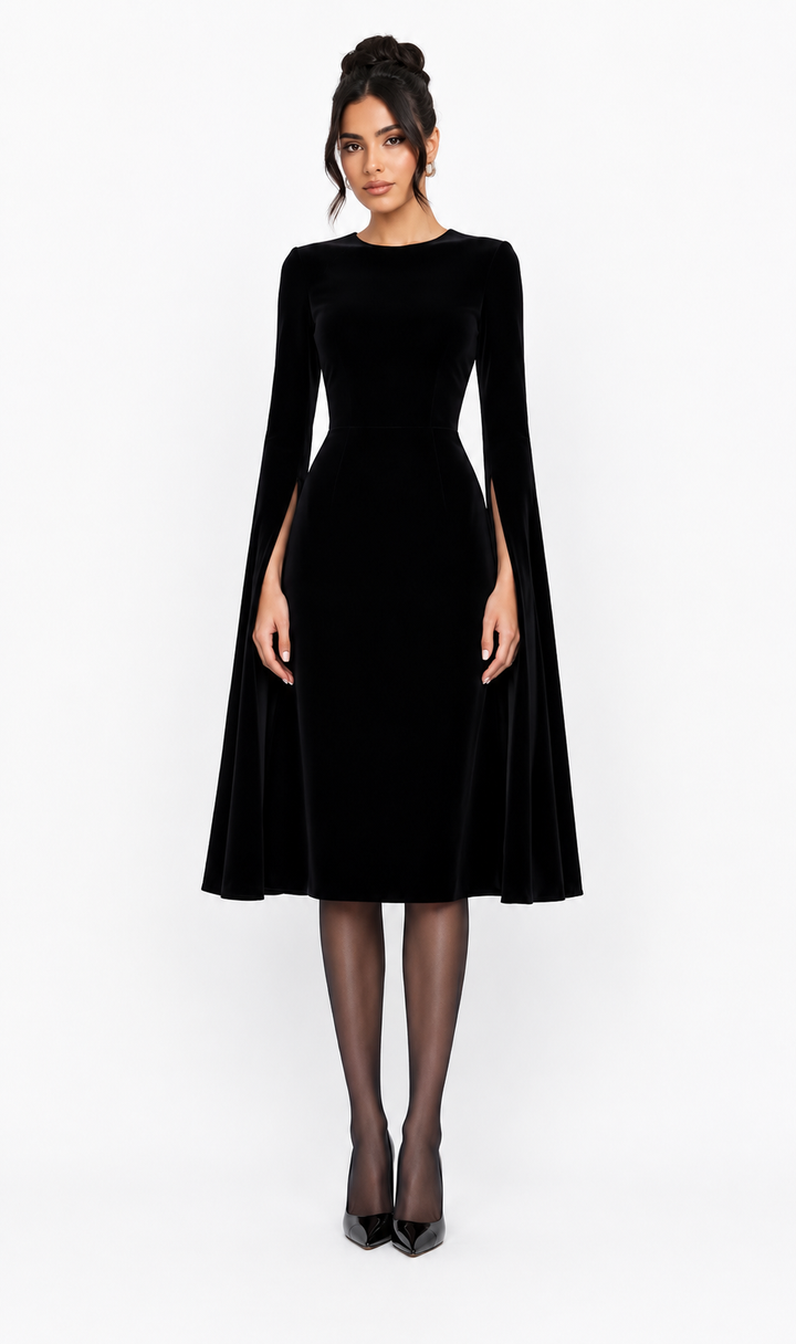 Cape-Sleeve Velvet Midi Dress – Noir