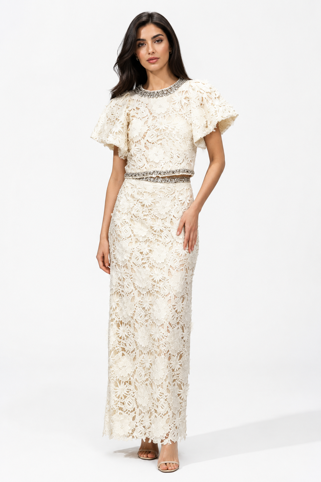 Embellished Lace Cape Sleeve Maxi Dress - Elegant