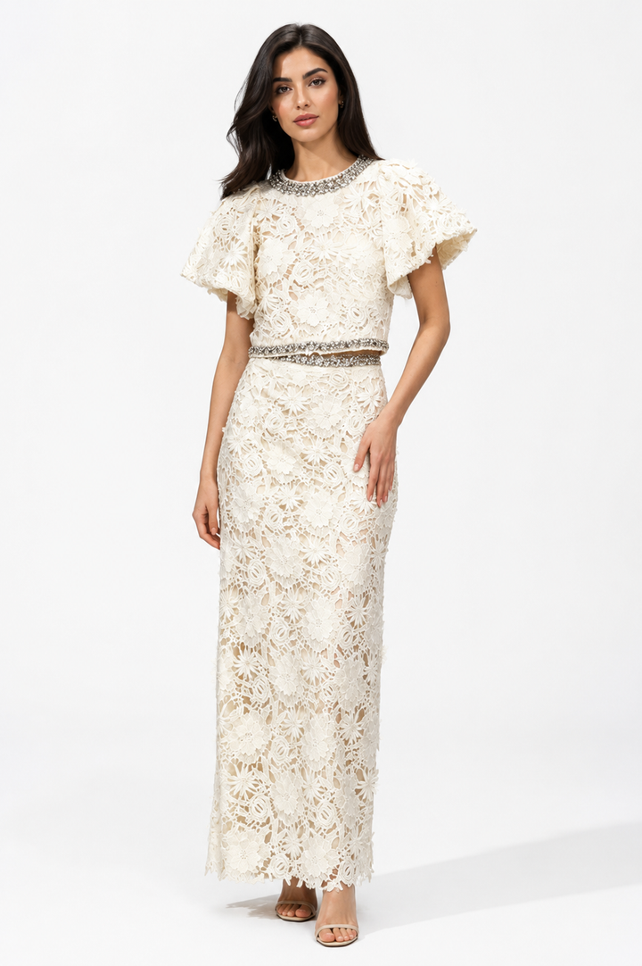 Embellished Lace Cape Sleeve Maxi Dress - Elegant