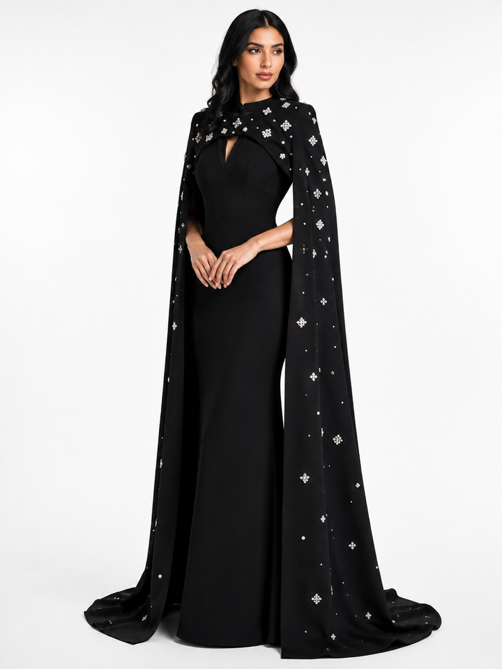 White Crystal-Embellished Cape Gown – Celeste