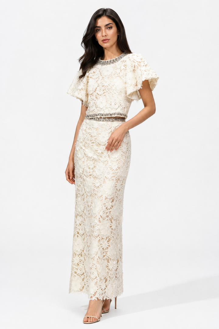 Embellished Lace Cape Sleeve Maxi Dress - Elegant