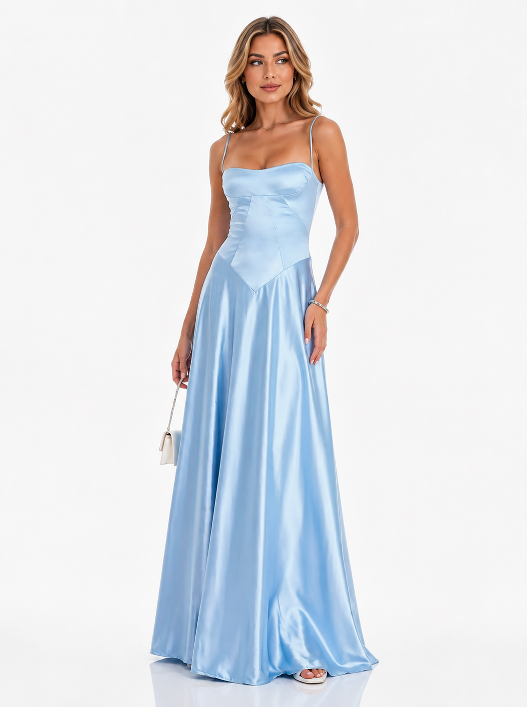Sky Blue Satin Corset Maxi Dress – Azure